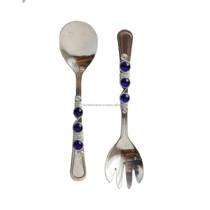 Silver <b>Spoon</b> & Fork Set With Blue Beads Handles Decorative Salad Server Sets Fancy Cutleries For Bridal Event Parties <b>Table</b> Use - Product Image 1