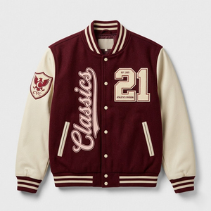 <b>Men's</b> Maroon Varsity <b>Jacket</b> <b>Cream</b> PU Leather Sleeves Embroidered Classics 21 Patch Design Letterman Bomber <b>Jacket</b> Preppy Style - Product Image 1