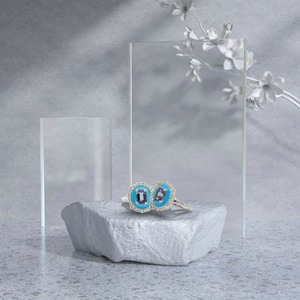 Premium Luxury 925 Sterling Silver Rhodium Finish <b>Blue</b> Turquoise Halo Cocktail <b>Ring</b> with Sparkling CZ Stones Certified for Women - Product Image 4