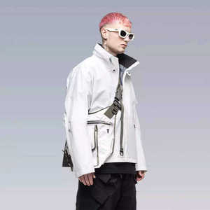 Men's Techwear Jacket White Futuristic Cyberpunk Streetwear Windbreaker Tactical Cargo Functional Outerwear Urban Utility Coat - Product Image 1