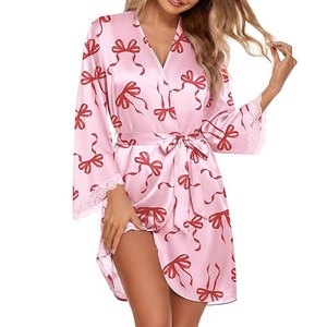 Women Sweet Lace Floral Robe Sheer Mesh Kimono Nightdress Bridal Lingerie <b>Satin</b> Sleepwear Wedding Party Gown - Product Image 4