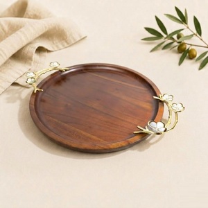 Handmade Mango Wood <b>Round</b> Serving <b>Tray</b> with Luxury Gold Floral Metal Handles Decorative Coffee <b>Table</b> Platter For Home & Festive - Product Image 4