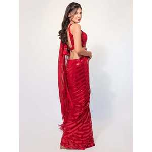 Gorgeous <b>Red</b> <b>Sequins</b> Georgette Party Wear Saree With Blouse - Product Image 2