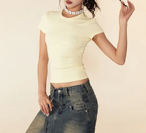 Camiseta de Verano para Mujer, Estilo Y2K, Sexy, Delgada, Lisa, de Poliéster/Algodón, Transpirable, Ecológica, Anti-Pilling, Personalizable - Product Image 3