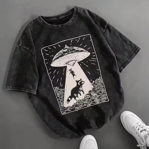 Camiseta Gráfica Vintage con Lavado Ácido, Unisex, Estilo Urbano, Estampado Retro, Algodón, Oversize, Casual, Moda de Verano, Manga Corta - Product Image 1