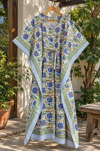 Floral Printed Cotton <b>Kaftan</b> | Relaxed Fit <b>Kaftan</b> Beach Dress | Handmade <b>Indian</b> Summer Beachwear, Nightwear, Resort Wear <b>Kaftan</b> - Product Image 1