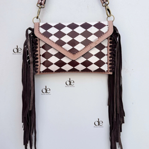 Nouveauté : Sac à franges en cuir fait main, style bohème gypsy, motif à carreaux, sacs de créateurs multi-usages, style western élégant - Product Image 1