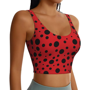 Soutien-gorge de sport léger, simple, respirant et écologique pour femme, avec logo frontal, maintien élevé, idéal pour le fitness et le yoga, couleur rouge, motif à pois noirs - Product Image 3