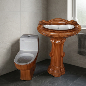 WC monobloc en céramique au design moderne avec finition bicolore en bois, cuvette élégante de designer pour ensemble de salle de bain - Product Image 4