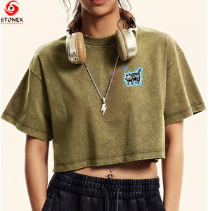 Camiseta Corta Transpirable para Mujer con Logotipo Personalizado Vintage al por Mayor, Camiseta Corta de Verano con Lavado Ácido, Logotipo Personalizado de Alta Calidad - Product Image 1