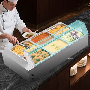 Calentador de Alimentos Eléctrico Comercial de Acero Inoxidable de 1500W con Tapa de Vidrio, 6 Recipientes de 1/2 Tamaño, Control Manual de Temperatura, Buffet Bain Marie - Product Image 2