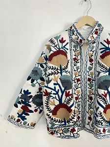 White Suzani Embroidered Jacket Cotton Boho <b>Floral</b> Handcrafted Ethnic Women Coat Stand Collar Vintage Style Outerwear - Product Image 2
