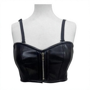 Soutien-gorge corset en similicuir noir pour femme avec fermeture éclair avant, maintien ferme, pour usage quotidien, bretelles élastiques avec ajustement de la taille - Product Image 1