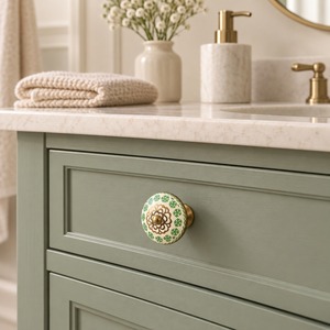 SHUBHAM Handmade <b>Ceramic</b> Cabinet <b>Knob</b> with Brass Base Green Floral Decorative Drawer Dresser <b>Cupboard</b> Furniture Handle - Product Image 4
