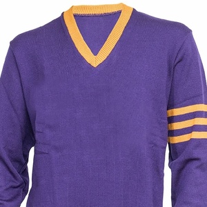 Pull tricoté violet pour homme à col en V avec bordure jaune et rayures sur les manches, manches longues, décontracté, automne - Product Image 2