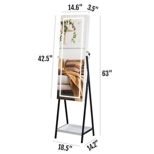 Specchio da terra in legno con 1 ripiano, illuminazione LED a 3 colori, 8 luci interne bianche, per gioielli e trucco - Product Image 2