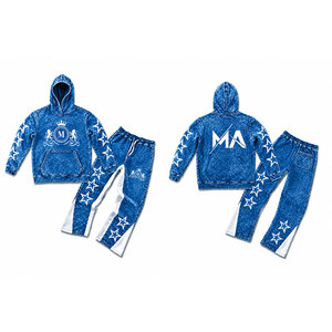Teal Acid Wash Hooded Tracksuit Set With White Stars And 350 gsm Full Length Drawstring Pants 100% Cotton Streetwear - Product Image 4