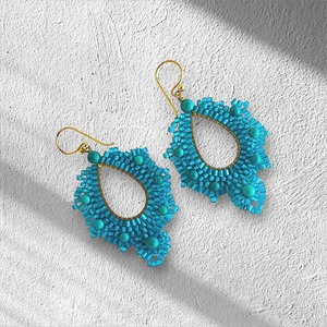 Saffron + Selene Handmade Beaded <b>Earrings</b> Turquoise Blue Gold Hook Fashion Statement Jewelry - Product Image 3