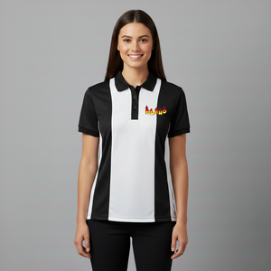 Polo de Mujer en Blanco y Negro con Bloques de Color, Manga Corta, Transpirable, Casual, con Logotipo de Llama en el Frente, Impresión por Transferencia de Calor - Product Image 1