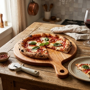 Planche à pizza ronde en teck massif naturel, planche à découper, plateau de service pour charcuterie, spatule en bois avec trou de suspension - Product Image 3