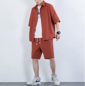 Men's Two-Piece Summer Solid Casual Beach Suit <b>Set</b> with Breathable 100% Cotton Short and T-shirt - Product Image 1