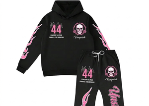 Conjunto de Sudadera con Capucha y Pantalones Largos Acampanados de Chándal para Mujer, Diseño Calavera y Llama, Negro y Rosa, Estilo Urbano, Transpirable, Poliéster, Otoño - Product Image 3