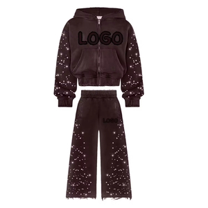 Conjunto de Sudadera con Capucha y Pantalones de Chándal Personalizado para Invierno, Corto, con Lavado Ácido, Efecto Desgastado, Pedrería, de Tejido Grueso, con Cremallera - Product Image 6