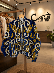 Chaqueta Suzani Azul Bordada a Mano para Mujer, Abrigo Boho Floral Blanco Mostaza, Prenda Exterior Étnica Vintage de Invierno de Diseño - Product Image 1