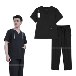 Conjunto de Uniforme Médico para Hombre, Cuello en V, Color Negro, Manga Corta, Tejido de Poliéster y Rayón, Incluye Pantalones - Product Image 1