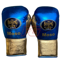 No Boxing No Life Mavi Altın Sığır Derisi Boks Eldivenleri 16oz Bağcıklı Bilek Kapatmalı Profesyonel Antrenman Ekipmanı
