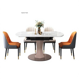 Table à manger rectangulaire contemporaine de luxe, aspect marbre, personnalisée, 4 places, base sculpturale, design de mobilier haut de gamme - Product Image 1