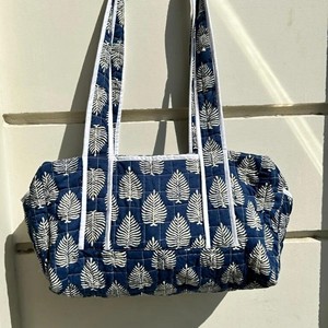 Quilted Cotton Duffle Bag Blue Leaf Pattern Large Capacity <b>Weekender</b> Travel Bag Zipper Closure - Product Image 4