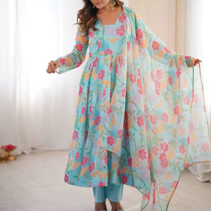 Conjunto de Vestido Anarkali de Organza Fendy Elegante para Mujer con Dupatta, Estilo Fiesta, Bordado, Sin Arrugas, Reversible, Estampado Floral - Product Image 1