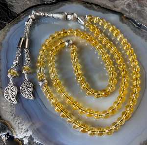 Tasbih de Resina Cristalizada Dorada con Borla de Hoja Plateada, Elegantes Cuentas de Oración Islámicas - Product Image 1