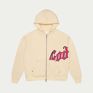 Vintage Men's Oversized Soft Cotton Fleece Cream-colored <b>Zip</b>-up Hoodie And Matching Flared Sweatpants Streetwear Tracksuit - Product Image 2