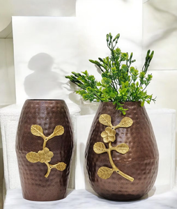 Modern <b>Bronze</b> Tabletop <b>Vase</b> Set With Gold Leaf Design Handmade For Housewarming Decor - Product Image 3