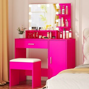 Ensemble de coiffeuse en MDF rose avec placage mélaminé, 1 tiroir, 1 porte, ampoule à trois couleurs - Product Image 6