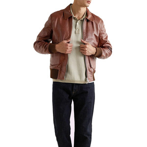 Blouson aviateur en cuir véritable marron pour homme, col rabattu, fermeture éclair, style motard, hiver, imperméable, respirant, coupe classique - Product Image 4