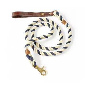 Classic Striped Cotton Rope <b>Dog</b> <b>Leash</b> with Leather Handle and Brass Clasp Durable Pet Accessory - Product Image 1