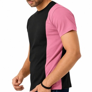 T-shirt décontracté tricoté à manches courtes col rond noir et rose pour homme, coupe régulière, respirant, polyester 220g, bordure contrastante - Product Image 4