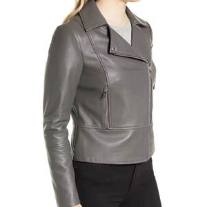 Abrigo Gris de Cuero Genuino Transpirable y Cortavientos, Estilo Urbano, con Cuello Solapa, Cremallera Asimétrica y Bolsillos Laterales con Cremallera, Corte Ajustado - Product Image 3