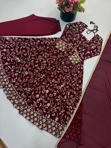 Maroon Embroidered Ankle-Length <b>Kurta</b> Set With Dupatta Women Traditional Ethnic <b>Indian</b> Pakistani Wedding Wear - Product Image 5