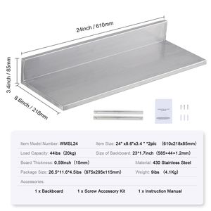 Étagères murales flottantes en acier inoxydable de 8,6 po x 24 po pour salle de bain, capacité commerciale 44 lb, support mural 44 lb - Product Image 6