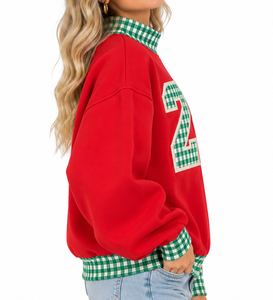 Sudadera OEM de cuello simulado roja para mujer, con patchwork de cuadros verdes y bordado 'Merry Days', de hombro caído, jersey de invierno - Product Image 6