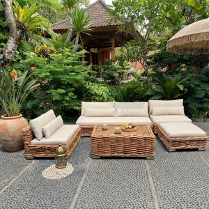 Outdoor <b>Rattan</b> Woven Sectional <b>Sofa</b> Set Mahogany Wood Frame Wicker Furniture Glass Table Lounge Chair Ottoman Setup Art - Product Image 5