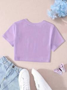 Feel Free Loose Crop <b>Top</b> Women's Eco-Friendly Velvet Casual Solid O-Neck Short Sleeve Summer T-Shirt <b>Feather</b> Decorated - Product Image 1