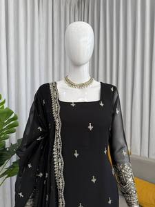 Traje Salwar de Georgette Foux Negro Bordado para Mujer, Ropa Tradicional India y Pakistaní para Bodas y Fiestas, Microalgodón de Secado Rápido - Product Image 3