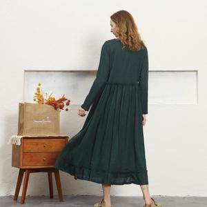 Bohemian Green Plain Cotton Linen Maxi <b>Dress</b> With O-Neck <b>Loose</b> Fit Full Sleeve Summer Casual <b>Dress</b> For Women - Product Image 5