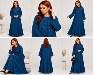Vestido abaya azul largo hasta el suelo para mujer con detalles florales brillantes y un elegante diseño de manga larga para abayas reales especiales. - Product Image 4