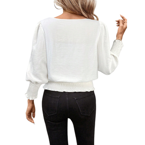 Womens White Three Quarter Sleeve Blouse Crew Neck Smocked Waist Cuffs Elegant Loose Fit Casual Office Wear Solid Polyester - Product Image 2